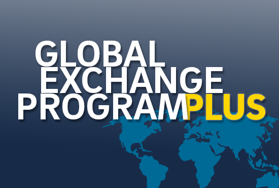 Global Exchange Programs Plus with blue background and world map in the background