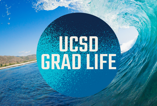 Grad Life logo on a photo background featuring the curl of a large ocean wave